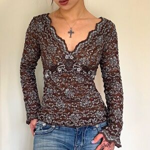 Vintage Y2K Ann Ferriday Brown Lace Whimsigoth Stretch Top Made in USA